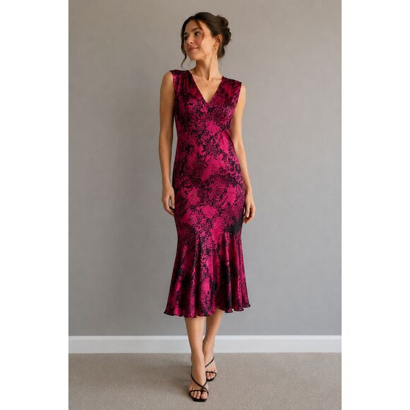 Phase Eight Dresses & Skirts - Vintage Phase Eight Silk Blend Flocked Midi Dress UK 16 US 12 Pink Black